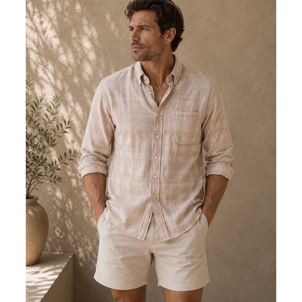 Taylor Stitch The Jack Shirt Mens 40 Beige Plaid 100% Linen Button Down Pocket